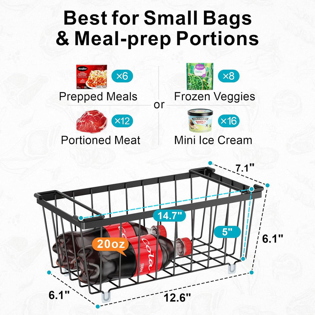 iSPECLE Freezer Organizer Bins, 4 Pack Deep Freezer Baskets for 5 to 7 Cu.Ft, Stackable Wire Chest Freezer Organizer Bins for Small Food, Strong Metal with Handles for Meat and Veggies, Black