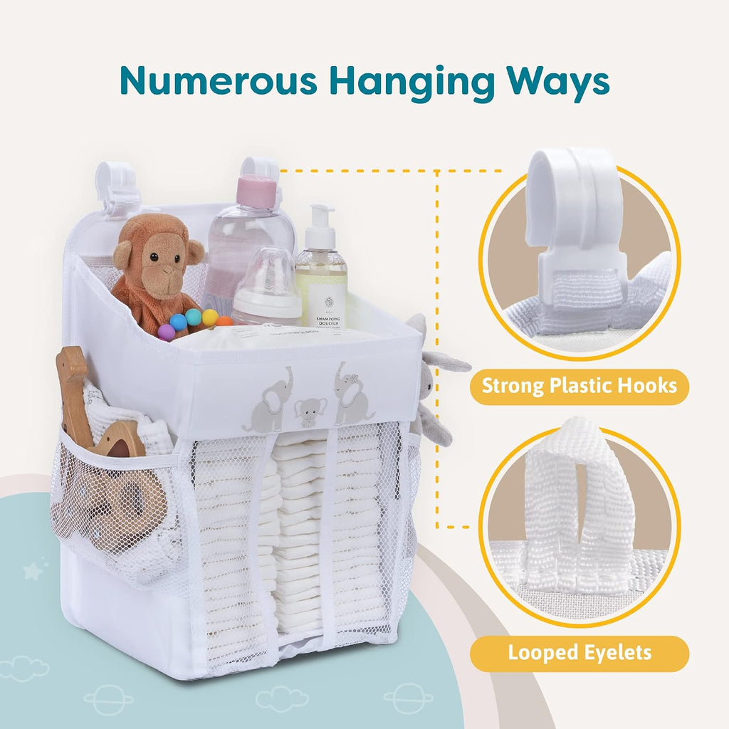 Hanging Diaper Caddy Baby Organizer - Diaper Caddy Organizer Baby Essentials for Newborn Nursery - Holds 50+ Diapers - 17x9x9 Inches, White