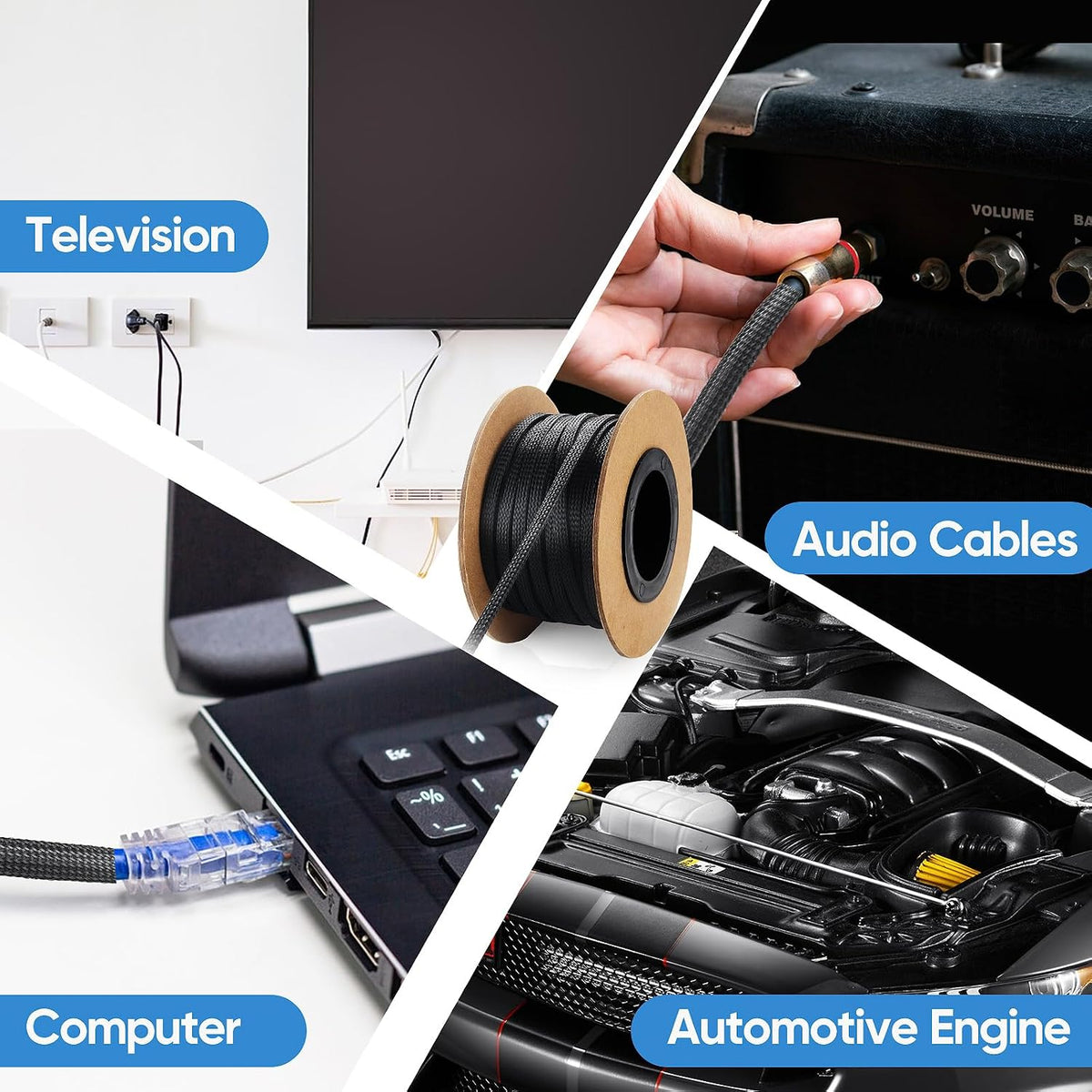 300 Feet 1/4, 1/2, 3/8 Inches Braided Wire Loom PET Cable Loom Expandable Sleeving Braided Sleeve for TV, Computer, Home Theater