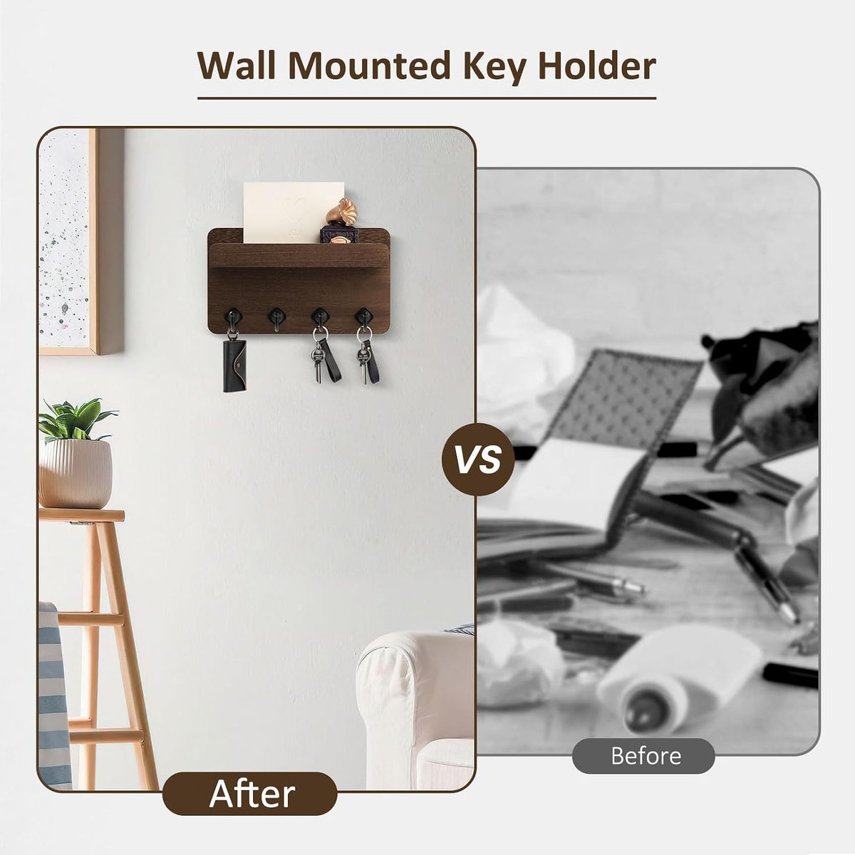 Nekon Key Holder Wall Mount, 8.5 Inch Small Wooden Wall Organizer, Brown