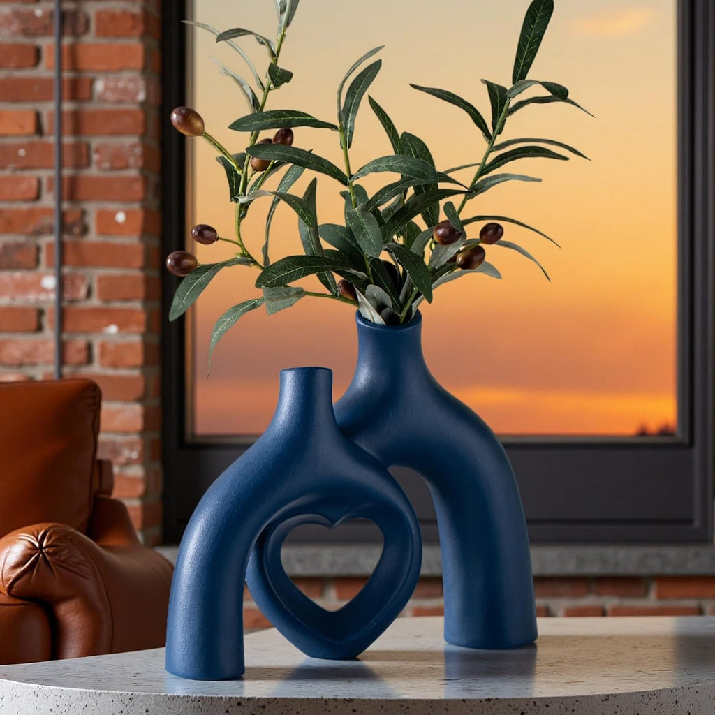 Liotww Ceramic Flower Vase Navy Blue Heart Shaped Home Decor Vase