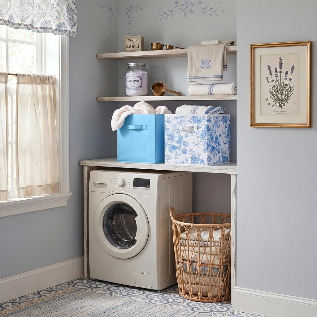 Geelin 6 Pcs Blue and Blue Floral Cube Storage Bins 11 Inch Storage Basket