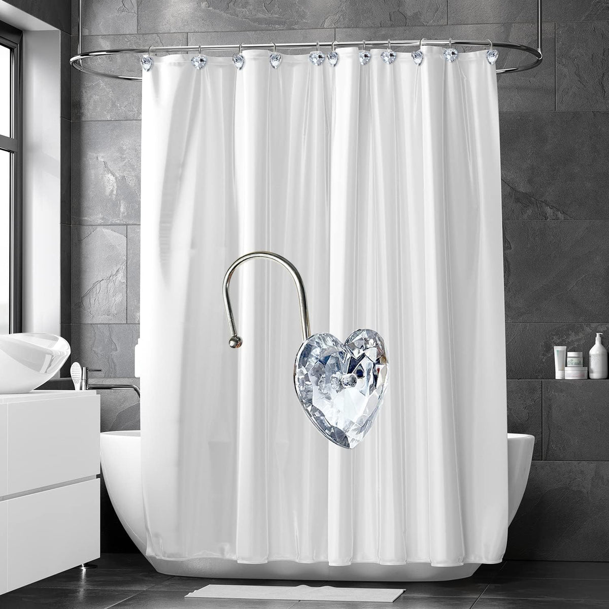 Romantic Angels 12PCS Shower Curtain Hooks Rings for Bathroom, Stainless Steel Rust Resistant Decorative Rhinestones Shower Curtain Hooks for Shower Curtains and Shower Rod (Silver Heart)