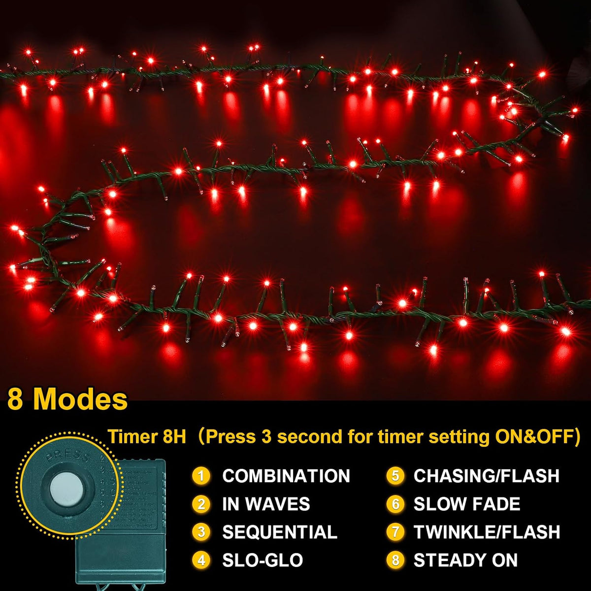 LAMPHOME 500 LED String Lights Outdoor, 11 Modes Plug in Twinkle Fairy Lights for Bedroom, 46ft 500LED Christmas Lights Cluster Lights Outdoor Waterproof Green-Red