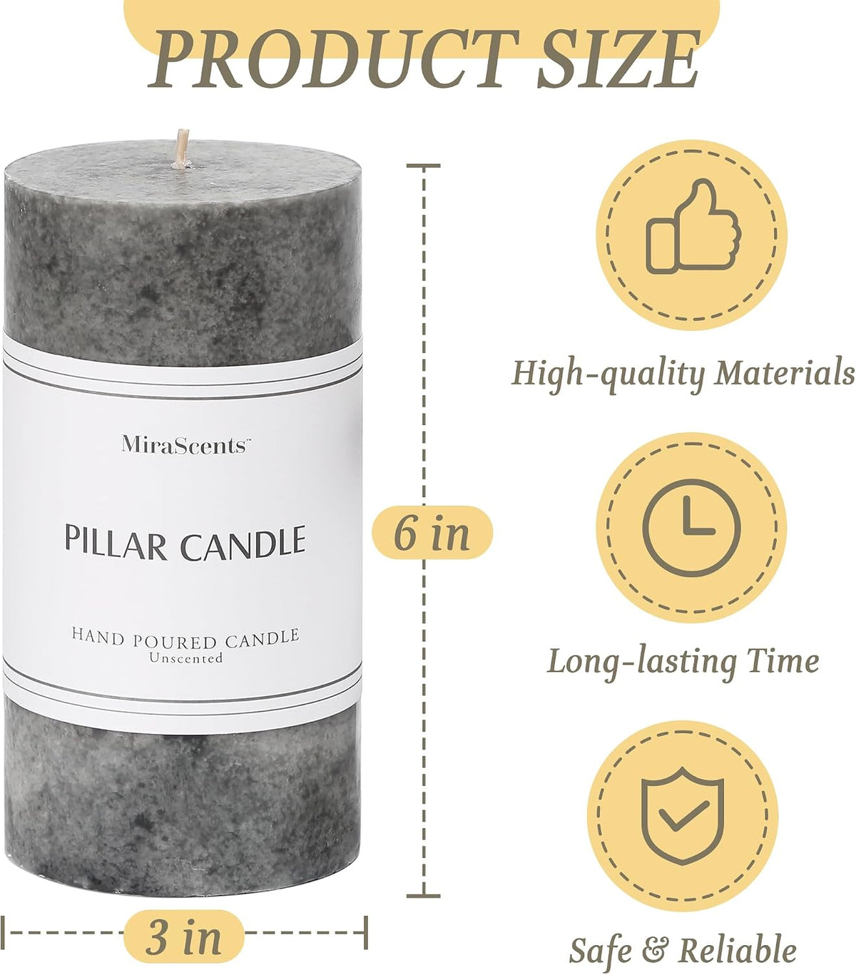 3x6 Inch Grey Pillar Candles Set of 3, Hand-Poured Unscented Pillar Candles