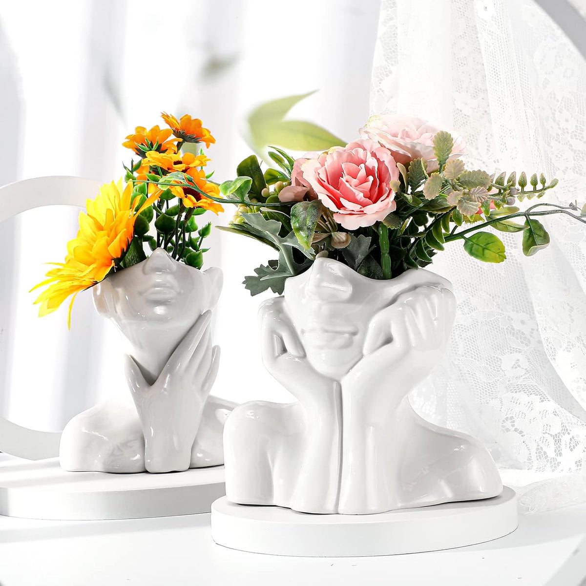 Sieral 3 Pcs Ceramic Face Vase Female Form Body Flower Vase, Small, White