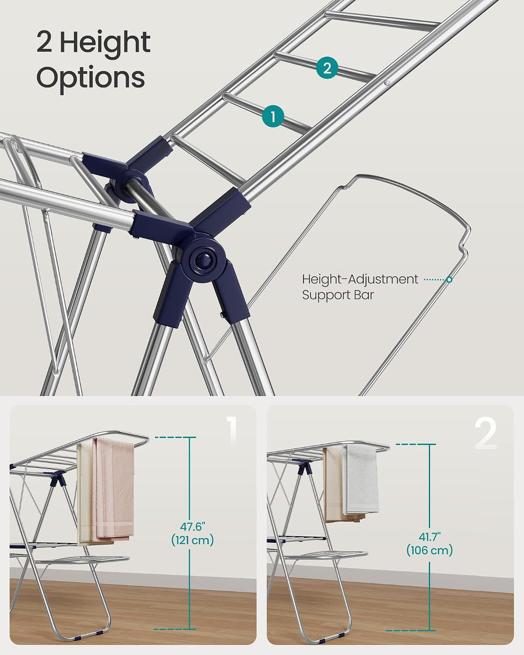 SONGMICS Clothes Drying Rack, Foldable Metal Airer, 51.2 x 19.3 x 61.8 in