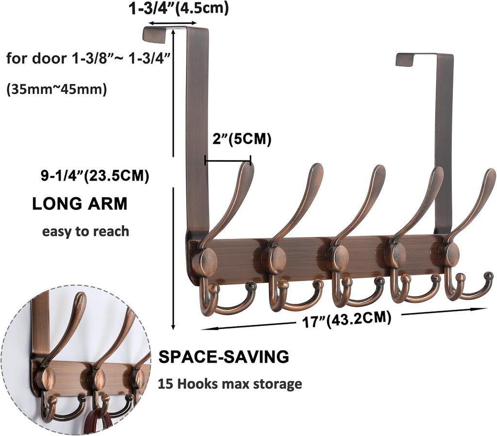Dseap Over The Door Hook Hanger - Fits 1 3/8" to 1 3/4" Standard Doors | 5 Tri Hooks Heavy Duty Towel/Coat Rack | Door Organizer for Clothes, Jackets, Hats, Towels, Antique Copper, Pack of 2