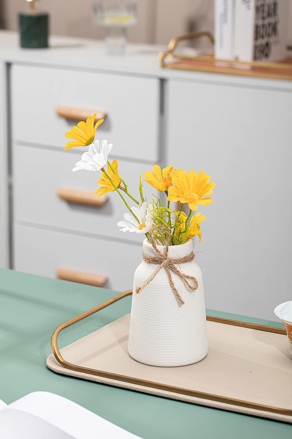 White Vase -Flower Vase, Small Vases for Décor, Ceramic Vase for Shelf Décor, Table Décor, Decorative Vase for Bookshelf, Fireplace Mantle, Office, Centerpieces, Petite Farmhouse Décor