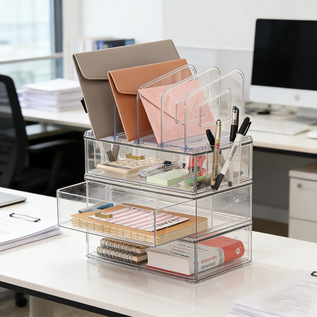 Acrylic Desk Organizer with 4-Vertical File Holder Rack, 3-Clear Drawer and 2 Pen Holders, Desktop Storage for Office Desk Accessories School Classroom Organization (Clear)