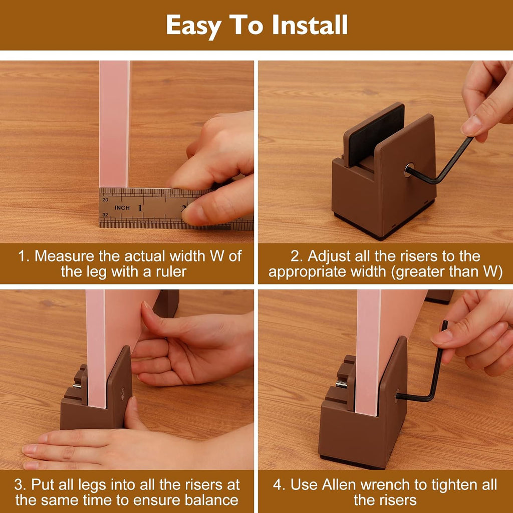 Bed Risers 2 Inch with Adjustable Screw Clamp, 4 Pack Heavy Duty Furniture Risers, Supports up to 5,000 lbs, Fits Furniture Legs with Thickness from 0 to 1.3 Inch(Brown, Type-S)
