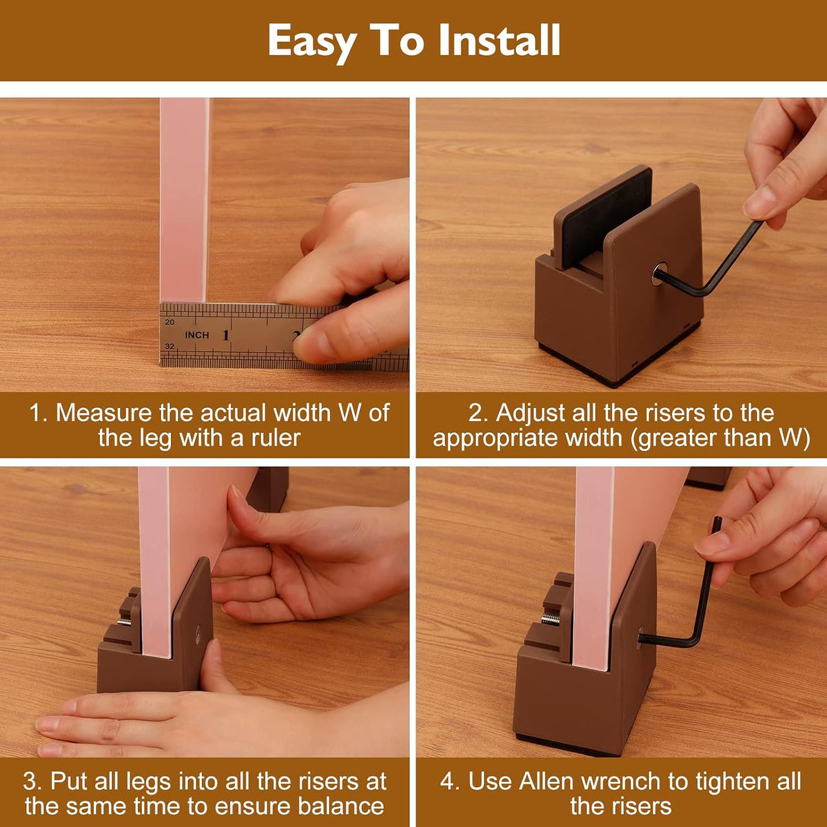 Bed Risers 2 Inch with Adjustable Screw Clamp, 4 Pack Heavy Duty Furniture Risers, Supports up to 5,000 lbs, Fits Furniture Legs with Thickness from 0 to 1.3 Inch(Brown, Type-S)