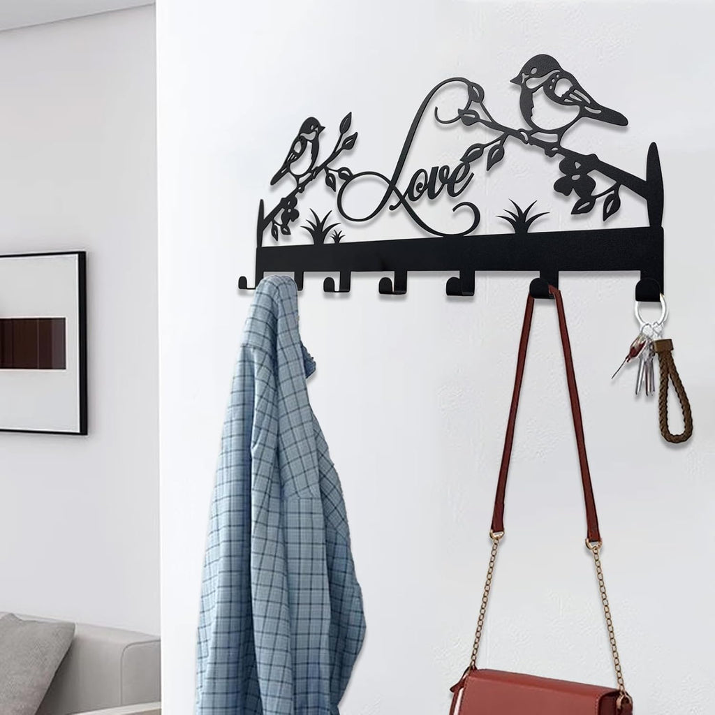 Metal Key Holder, Wall Mounted Key Hooks, Key Holder for Wall, Key Organizer Rack with 7 Hooks, Key Hanger Decor for Kitchen, Entryway, Hallway, Bedroom, Doorway (Birds 12IN)