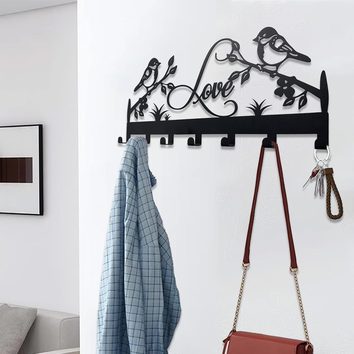 Metal Key Holder, Wall Mounted Key Hooks, Key Holder for Wall, Key Organizer Rack with 7 Hooks, Key Hanger Decor for Kitchen, Entryway, Hallway, Bedroom, Doorway (Birds 12IN)