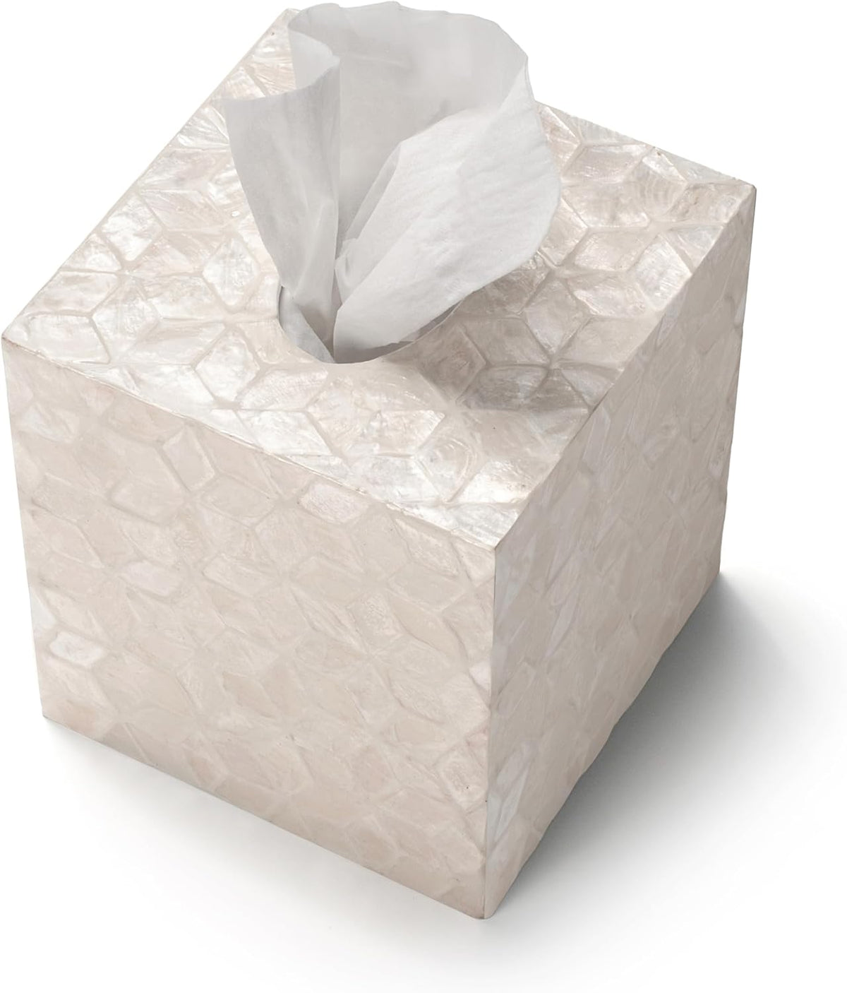 YANGQIHOME Capiz Shells Tissue Box Cover, Handmade Decorative Tissue Box Holder with Mother of Pearl, Square Facial Tissue Holder for Bathroom, Living Room, Kitchen, 5.5" x 5.5" x 5.9" (White)