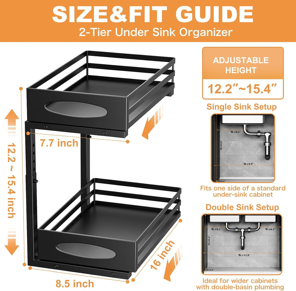mixeshop Under Sink Organizer, 2 Tier Under Sink Organizers and Storage, Adjustable Height, Slide out Metal Cabinet Organizers, Pull out Cabinet Storage Drawer Shelf for Kitchen Bathroom (Black, 2)