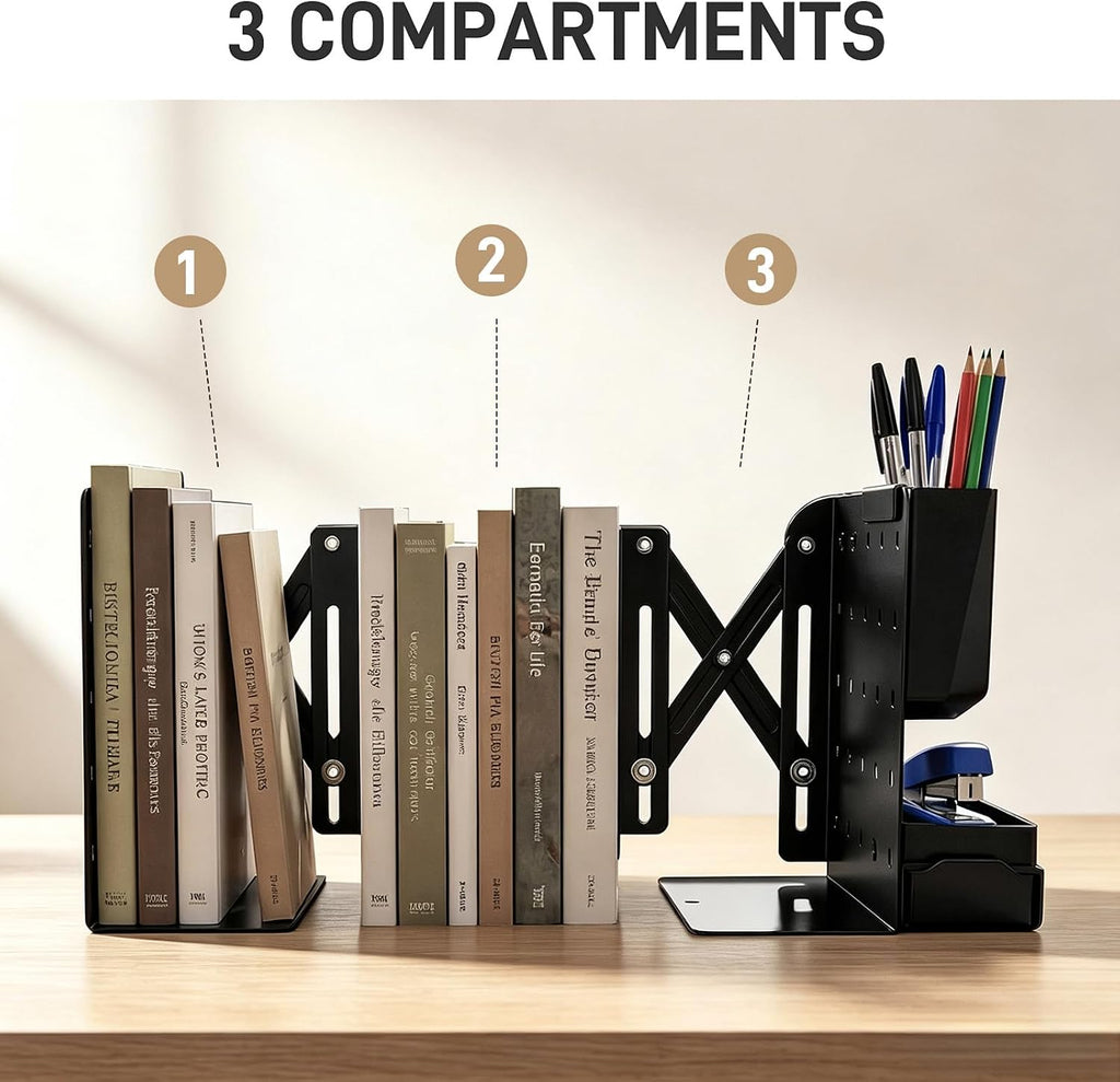 Adjustable Bookends with Mini Pegboard 6 Hooks/Pen Holder/Tray for Desktop