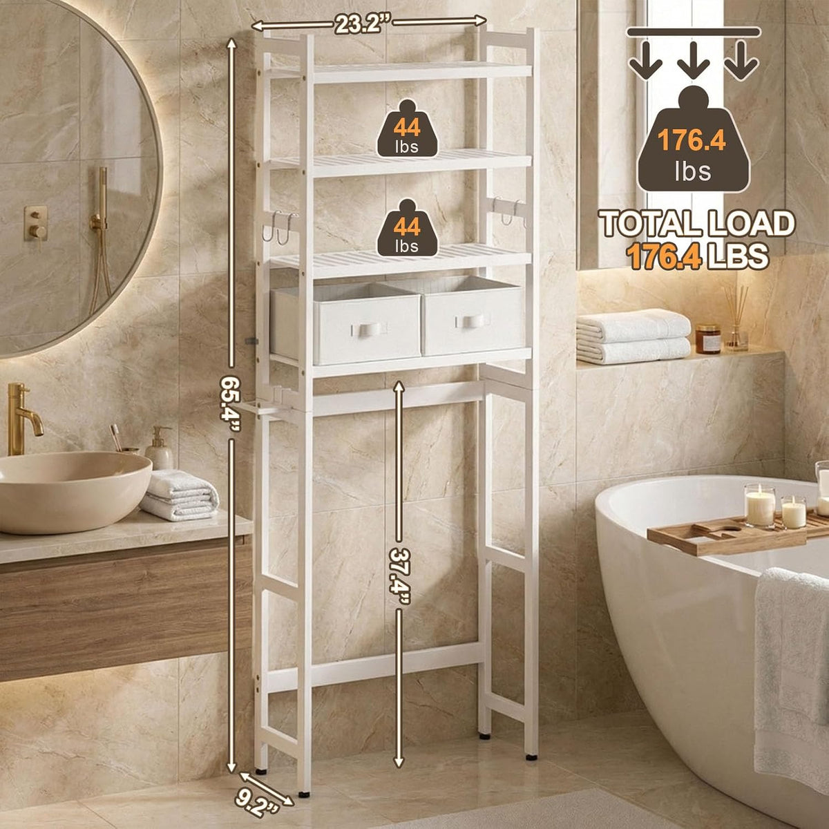 Homde Bathroom Over Toilet Storage Rack: Adjustable 4-Tier Bamboo (White)