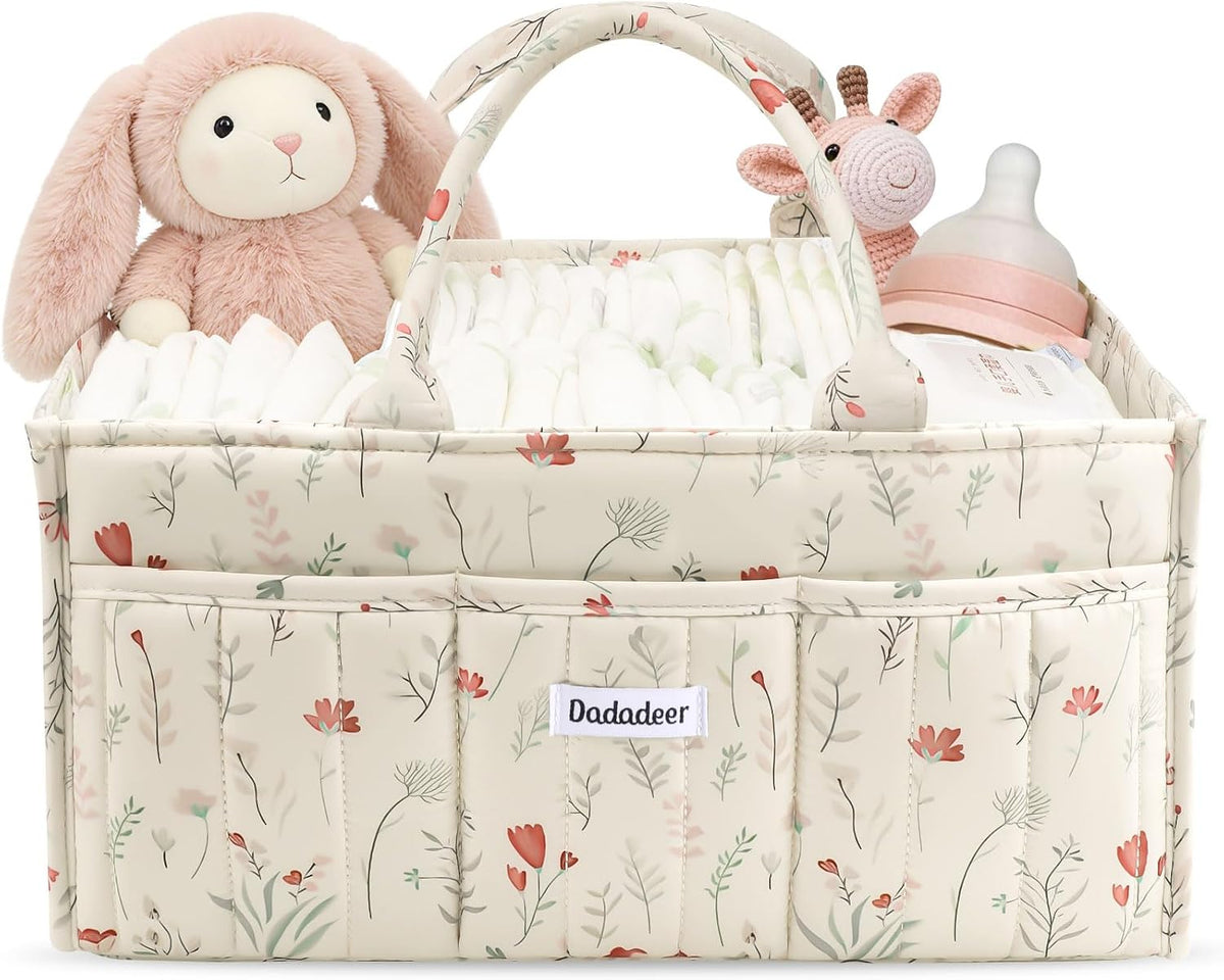 Quilted Floral Diaper Caddy Organizer, Nursery Storage Basket with Dividers
