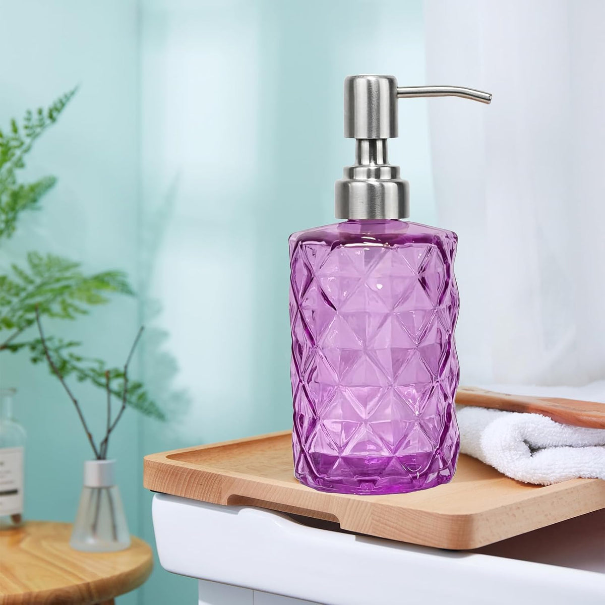 12Oz Purple Glass Soap Dispenser, Liquid Hand Bottle, Stainless Steel Pump