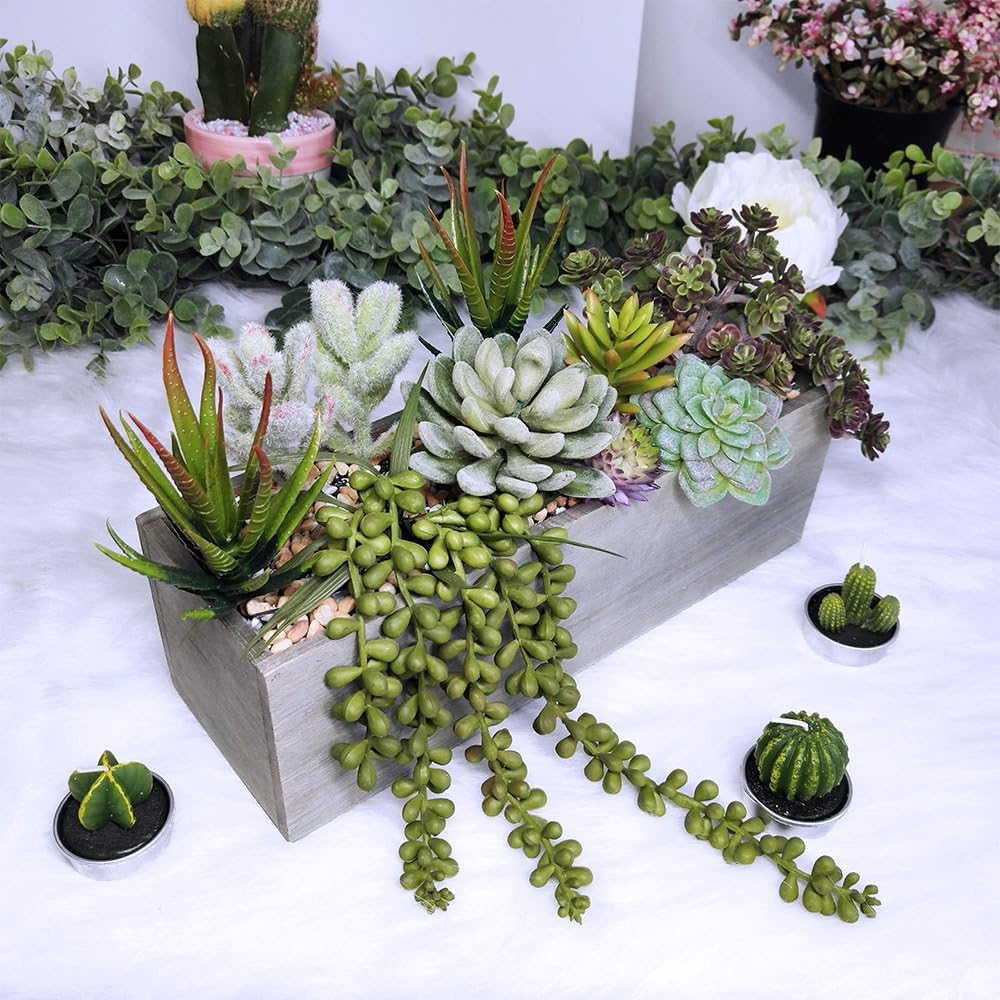 Supla Artificial Potted Succulents Plants Arrangement Fake Succulent Plants in Rectangular Wooden Pot Arrangement for Table Centerpiece Windowsill Greenery Decor