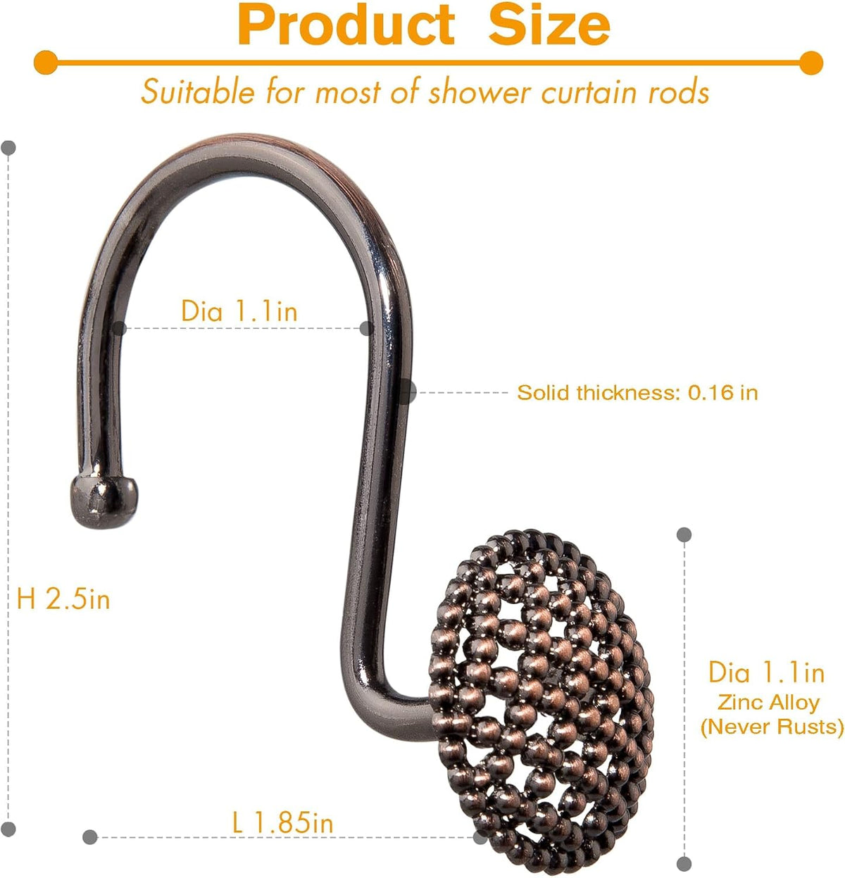 Pearlbee Bronze Shower Curtain Hooks, 12pcs,