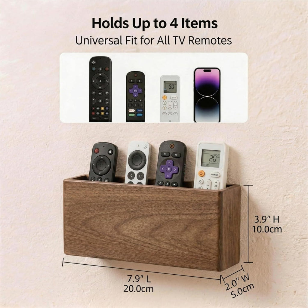 Remote Control Holder Wall Mount, Walnut Wood Remote Caddy, No-Drill, Brown