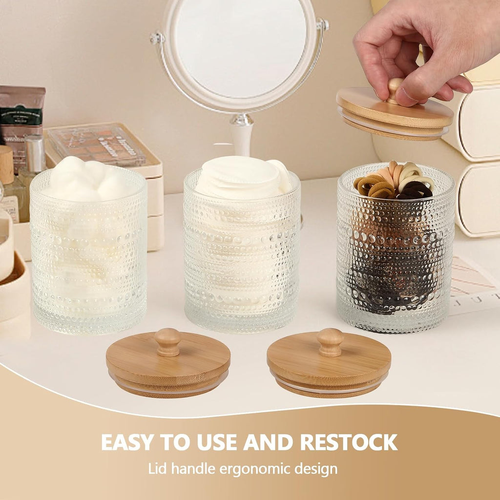 eggs sound 3 Pack Qtip Holder - Bathroom Organizers and Storage, Cotton Round Pad Holder Floss Pick Cotton Ball Holder with Tray, Glass Apothecary Jars with Lids, -clear y D