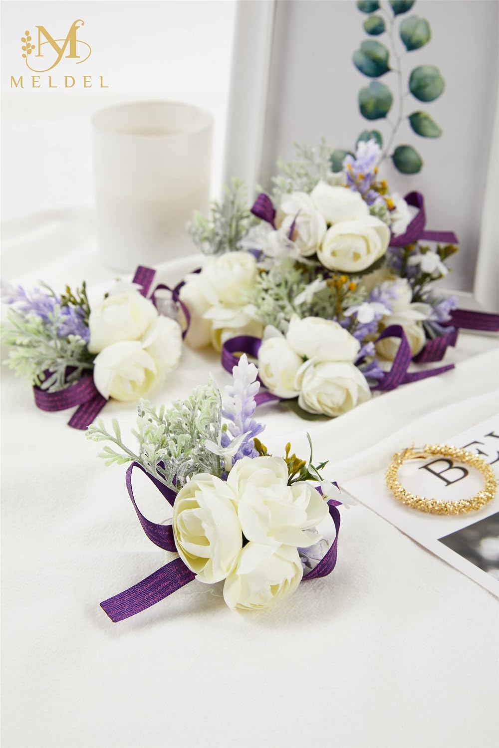 6Pcs White and Purple Artificial Silk Wrist Corsage for Wedding Prom