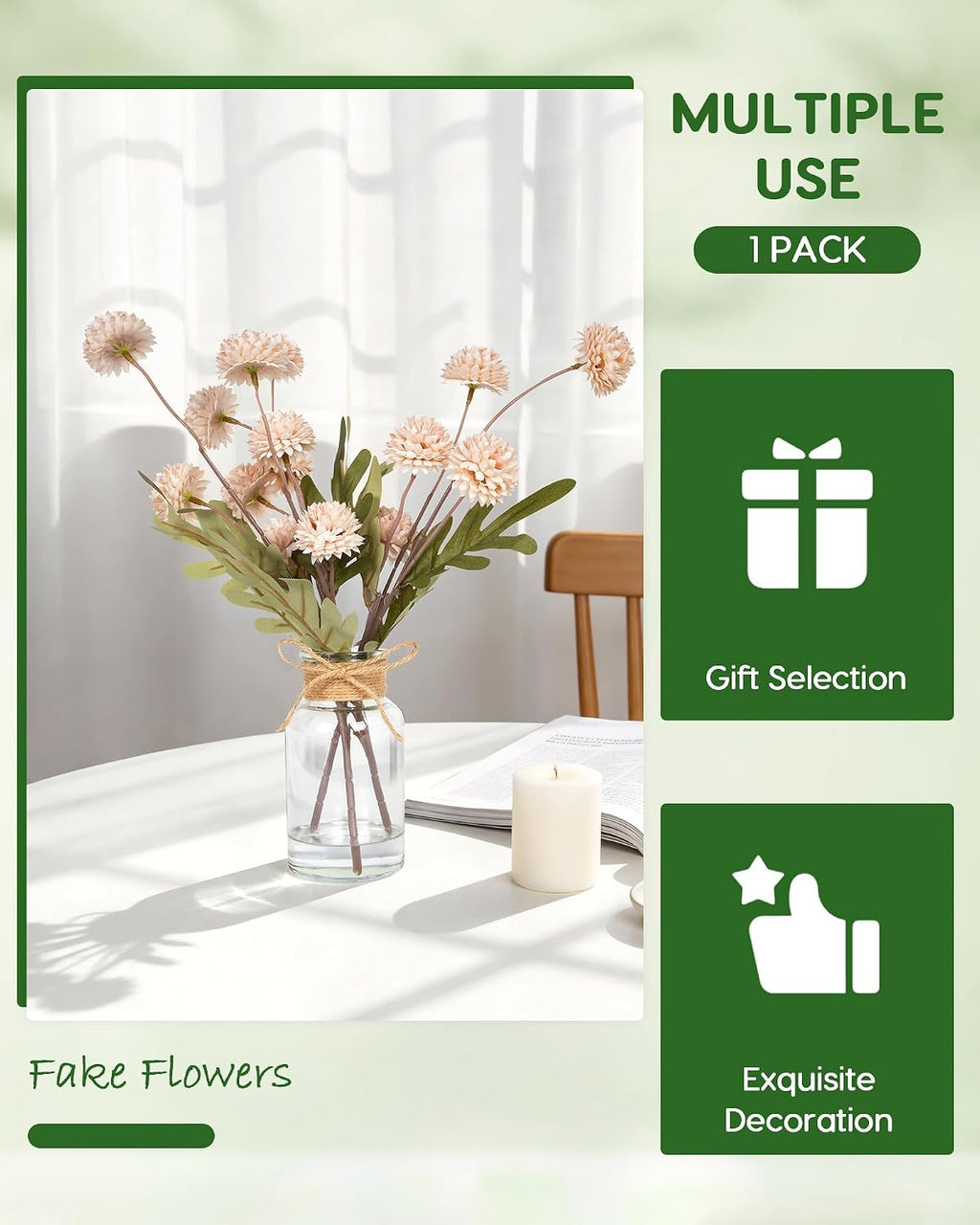 Velener Beige Faux Silk Mums Fake Flowers in Vase With Faux Water, Fake Plants Artificial Flowers For Home Decor Kitchen Bathroom Farmhouse Living Room Coffee Table Small Centerpieces For Table 1 Pack