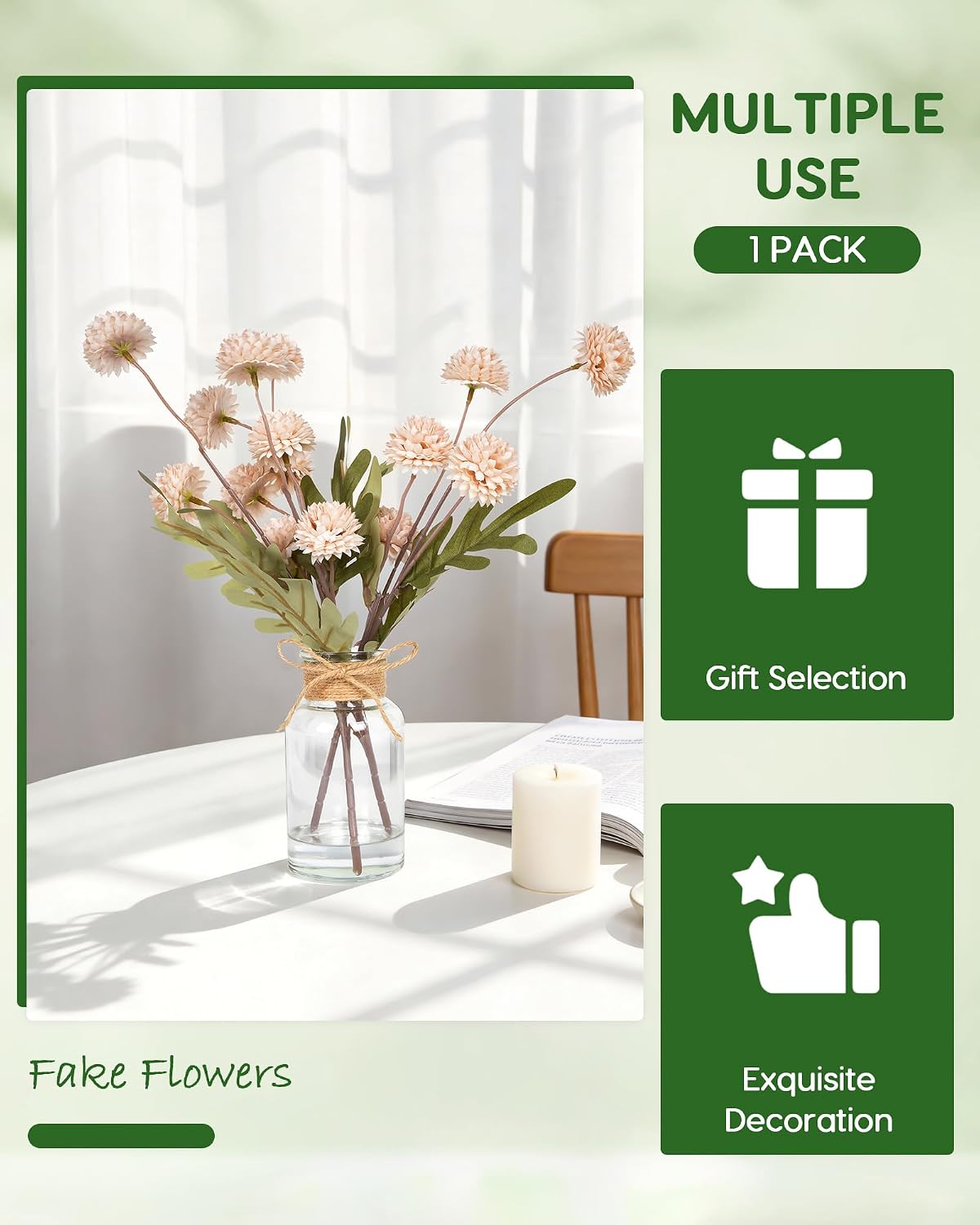 Velener Beige Faux Silk Mums Fake Flowers in Vase With Faux Water, Fake Plants Artificial Flowers For Home Decor Kitchen Bathroom Farmhouse Living Room Coffee Table Small Centerpieces For Table 1 Pack