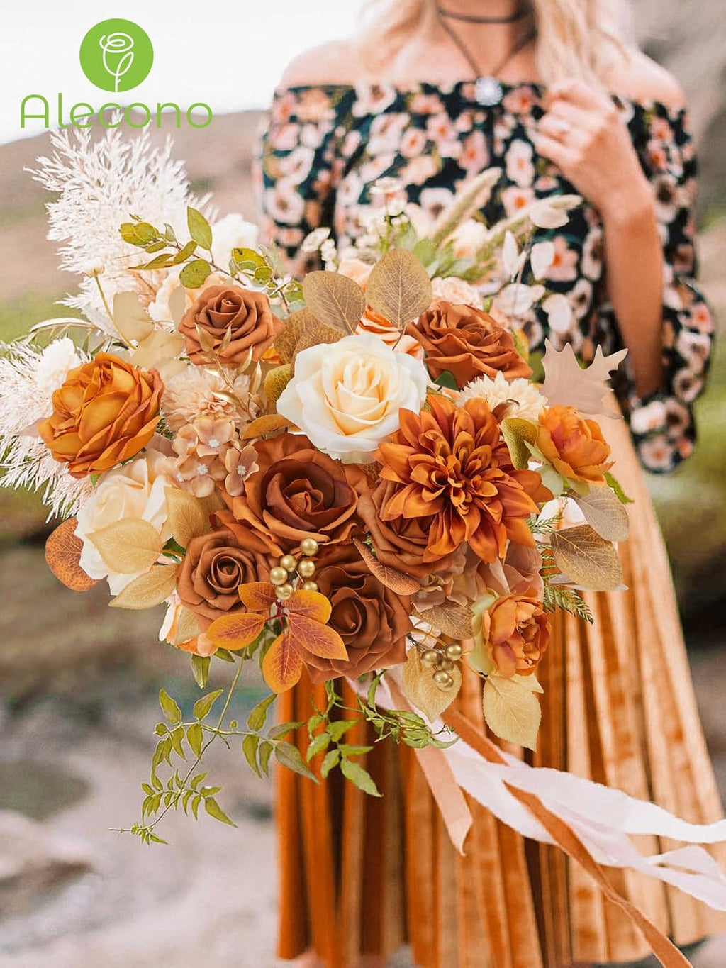 Alecono Orange Artificial Flowers, Silk Fake Fall Floral Set