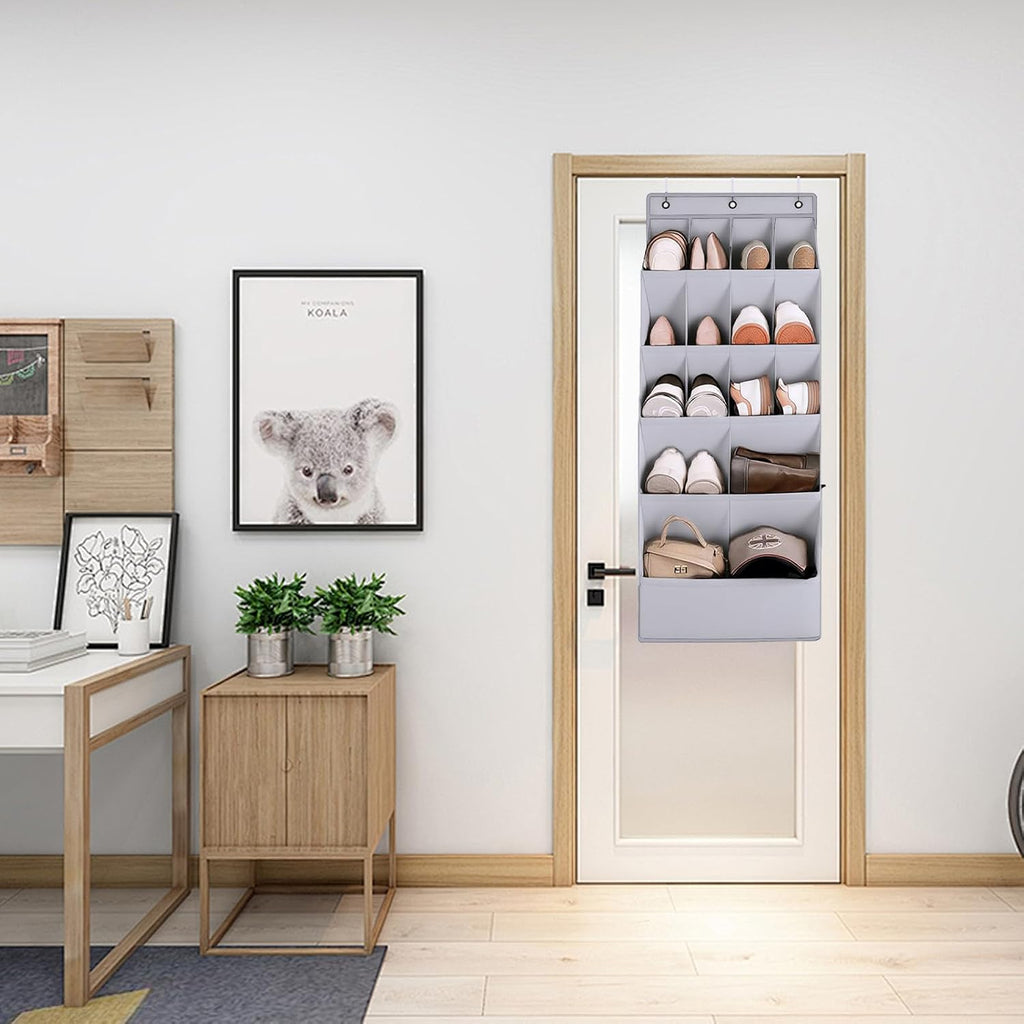 over the Door Shoe Organizer, Hanging Shoe Organizer with 15 Large Deep Pockets, Narrow Shoe Rack for Door Hanging Boots Storage, Dorm Room Essentials, Grey 11 Grid