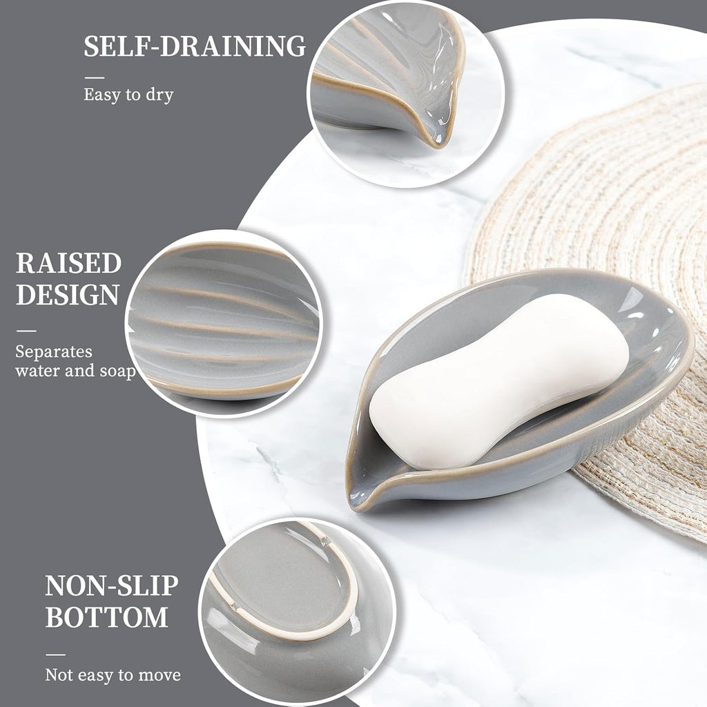 Soap Holder, Self-Draining Soap Dish, Leaf Shape Ceramic Bar Soap Holder Drain Soap Dishes for Bathroom Sink Kitchen, Easy to Clean Keeps Soap Dry, ANTIS'S HOME