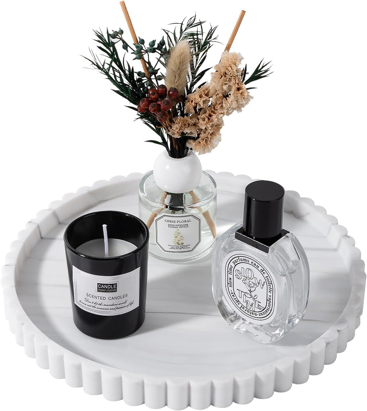 Round Bathroom Tray Perfume Organizer Coffee Table Decor, 9" Marble