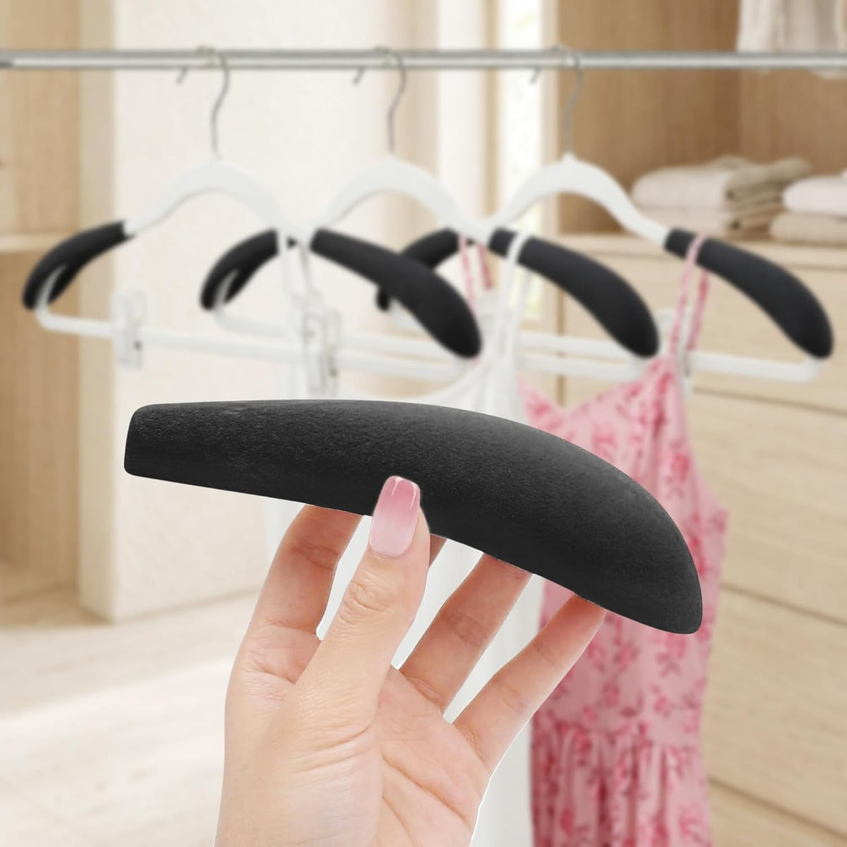 Velvet Hanger Shoulder Form Shaper – 10Pcs Pads Flocking and Plastic Shoulder Protectors for Velvet Flocking Hangers with 0.2 Inch Thickness, Non-Slip Design (Black)