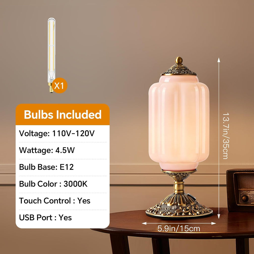 Pink Milk Glass Table Lamp, Touch Control with USB Charging Port Desk Lamp