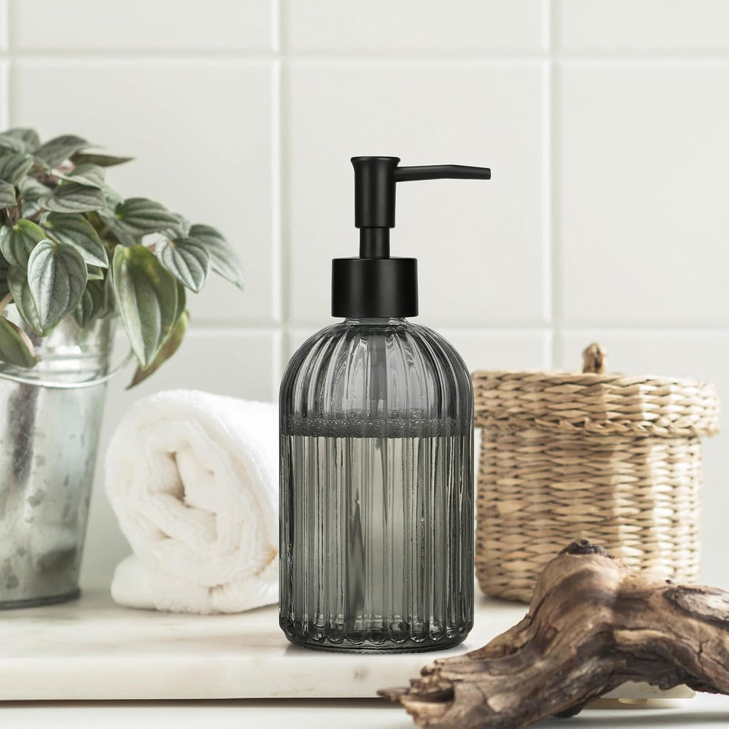 1 Pack 13.5oz Glass Soap Dispenser with Plastic Pump, Vertical Stripe Design Refillable Hand Soap Dispenser for Hand Wash, Bathroom and Kitchen