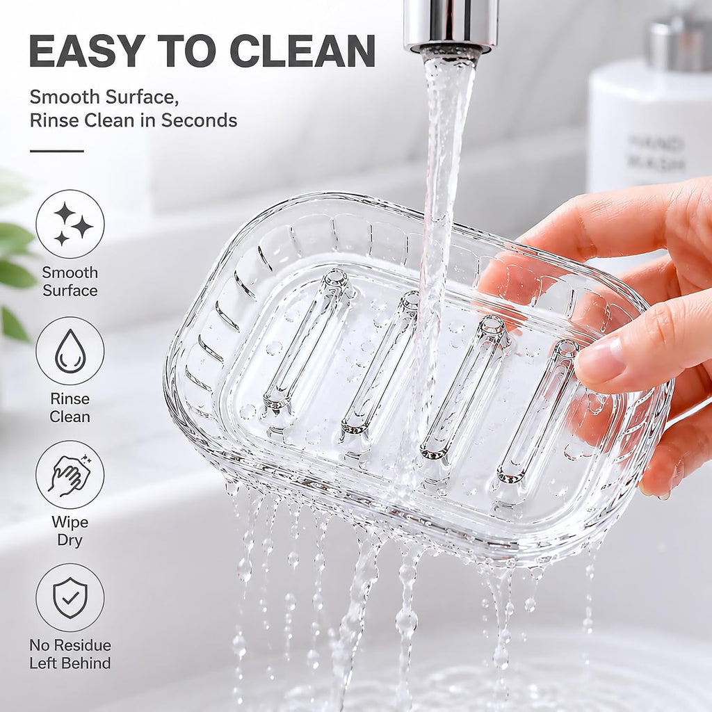 3 Pack Clear Soap Dish for Shower, Plastic Soap Holder for Bar Soap, Transparent Soap Saver Tray for Bathroom Shower, Kitchen Sink, Bathtub, Raised Ridges Soap Dish with Drainage, Minimalist Design