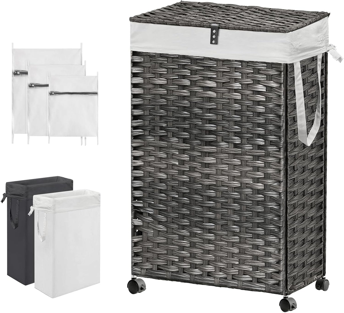 88L Slim Laundry Hamper with Wheels, 23.3 Gallon Rolling Laundry Basket with Lid, Tall and Narrow Laundry Hamper with 2 Removable Liner & 3 Mesh Bags, Laundry Sorter for Bathroom, Grey