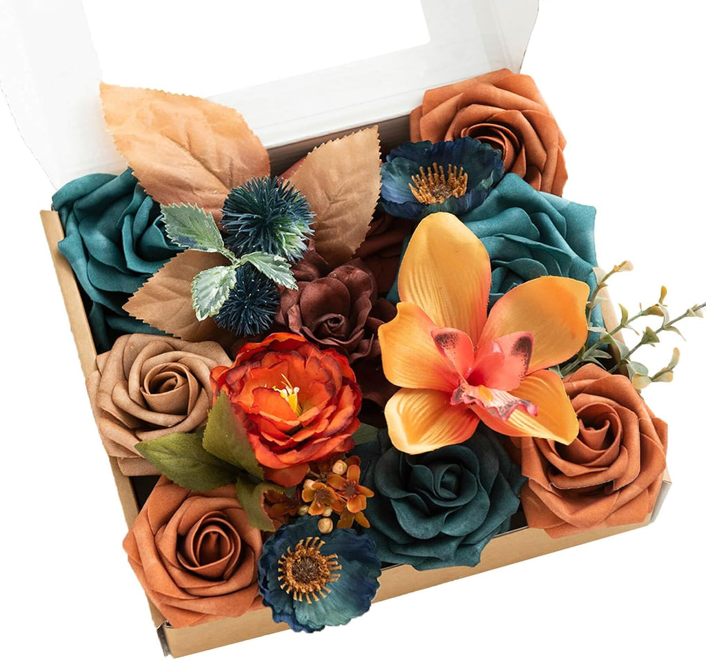 Ling's moment Fake Flowers Box, Teal & Burnt Orange, Mini Combo