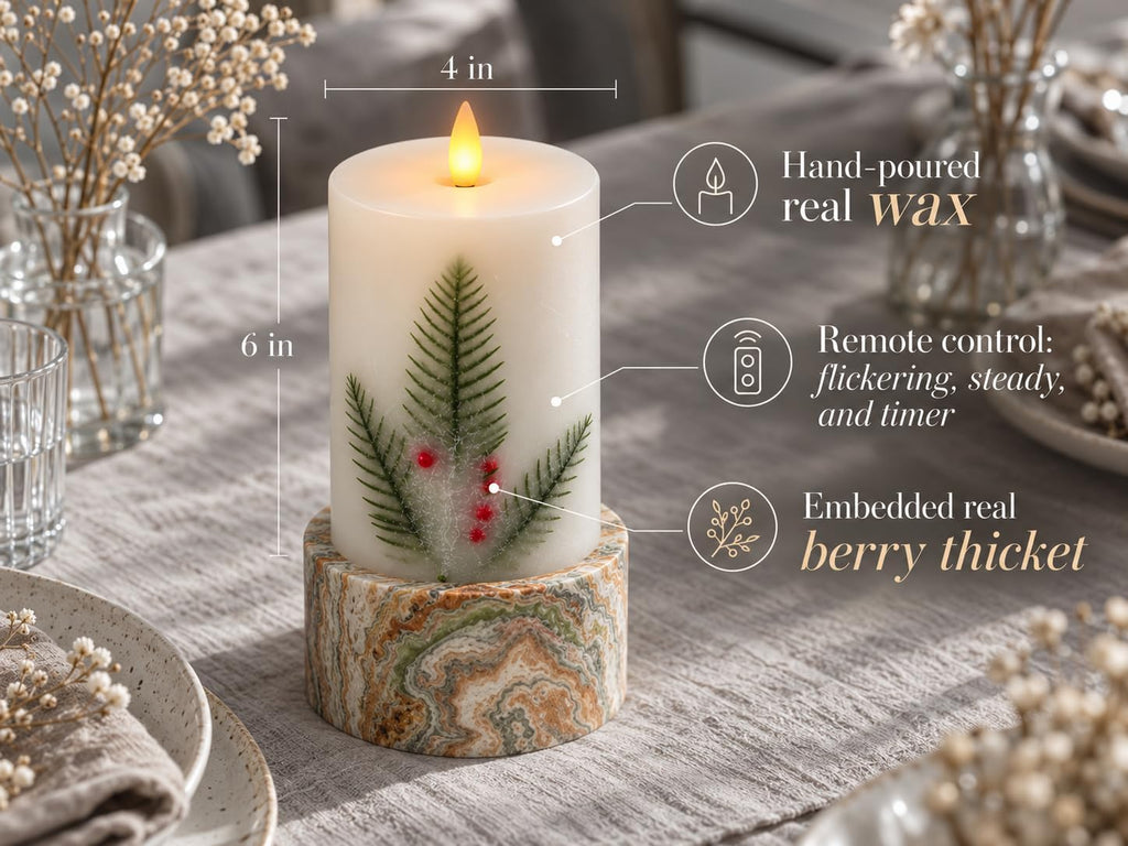 4"x6" Flameless Pillar Candles, 3D Moving Flickering Flame with Remote Timer, Battery Operated LED Candles Up to 400 Hours, Real Wax Pillars for Home Decor (Berry Thicket)