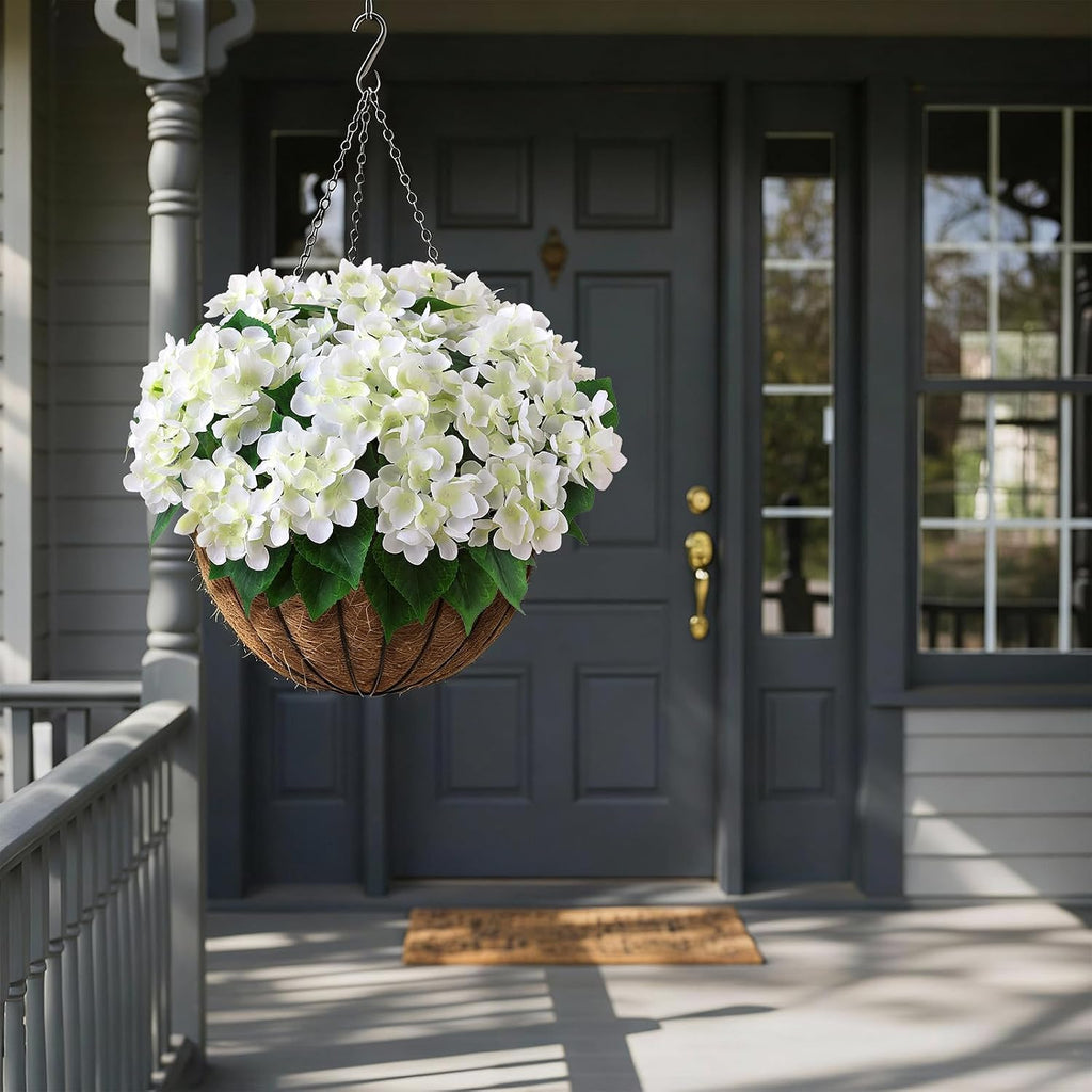 8 Bundles 17" Artificial Hydrangea Flower Branches for Porch (White)