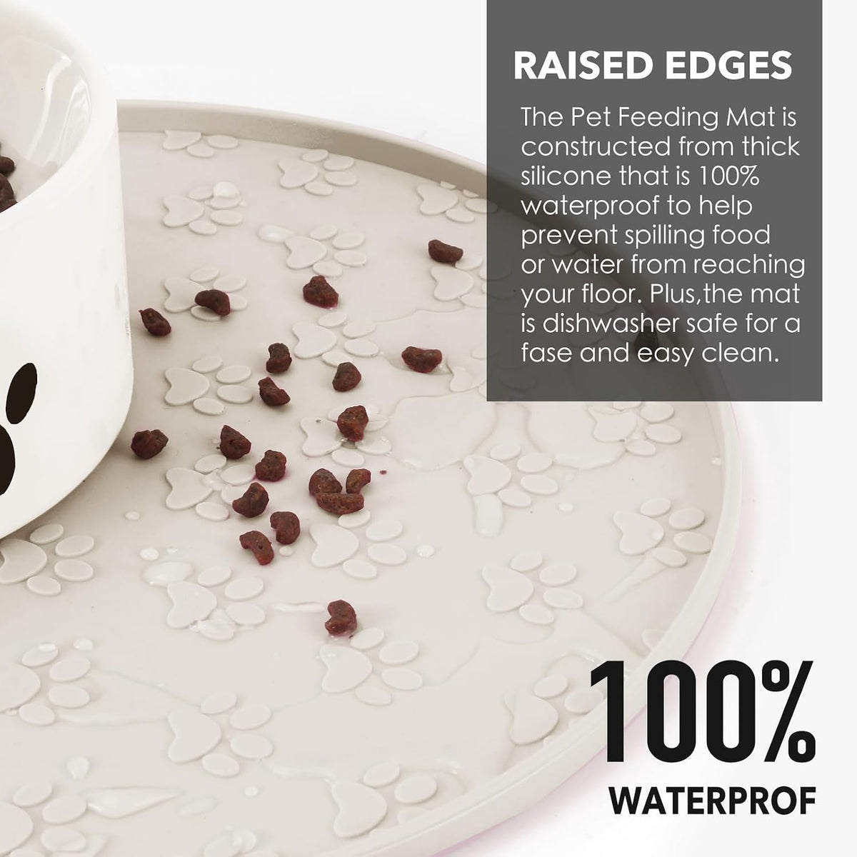 Silicone Pet Food Mat - Waterproof Dog Food Bowl Mat Cat Feeding Mat Thicker Pet Placemat Eating Mat with High Lip to Prevent Spills, Dog Cat Water Bowl Mat for Messy Drinkers to Protect Floors, Beige