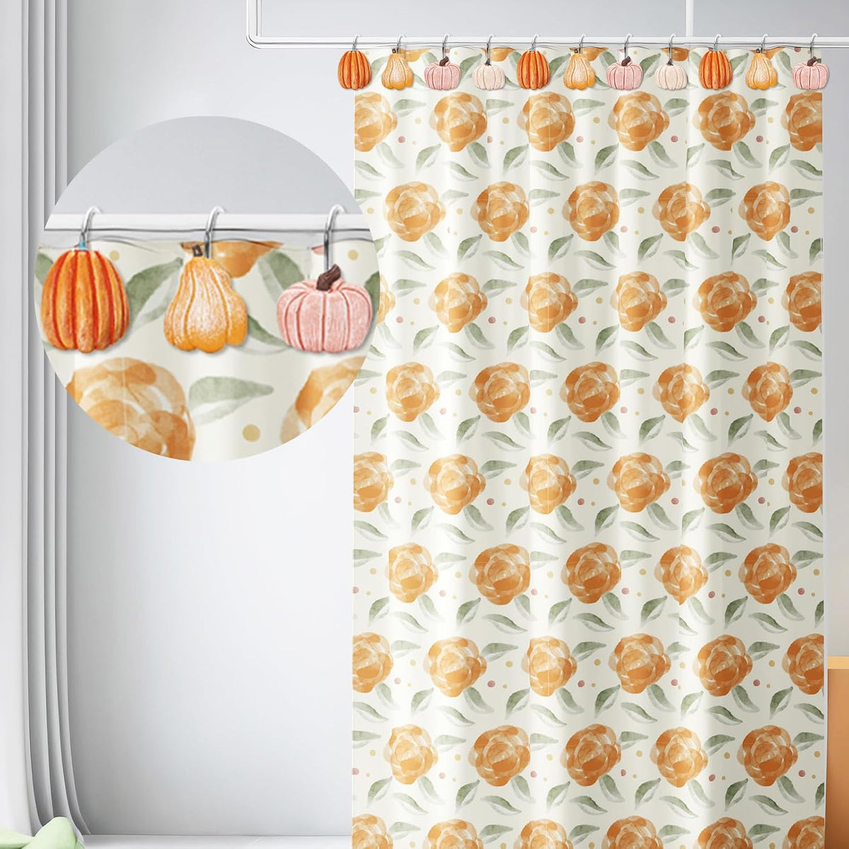 JarThenaAMCS 12 Pcs Fall Shower Curtain Hooks 4 Designs Pumpkin Curtain Rings Autumn Thanksgiving Decorative Hanger Hooks for Bedroom Bathroom Decor