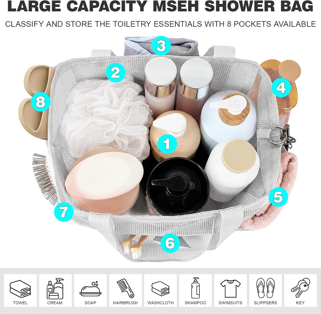 Mesh Shower Caddy Portable with Zipper for College Dorm Essentials Grey