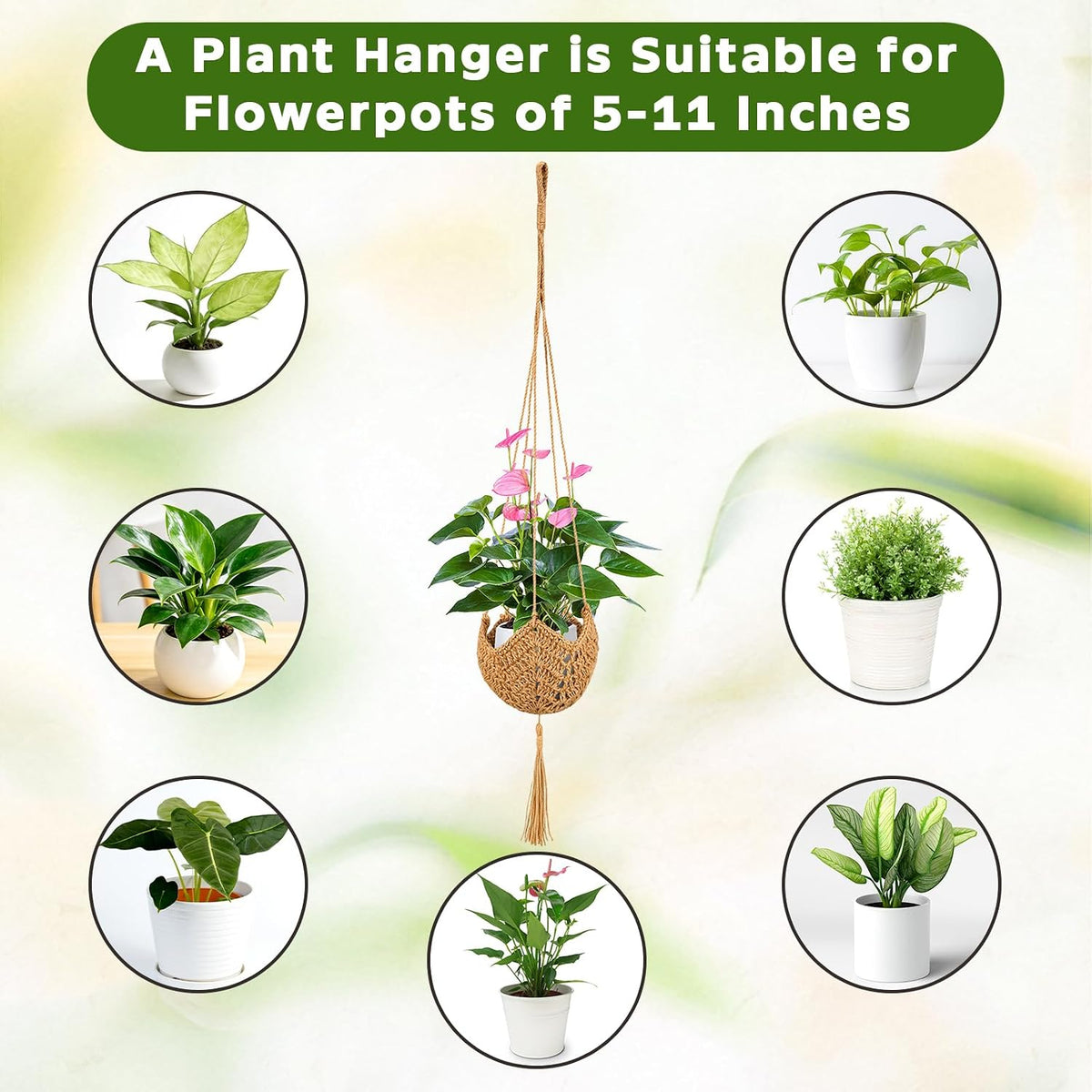 VZZNN 6 Pack Hand-Woven Macrame Plant Hanger - Hanging Plant Holder with 12 Hooks for Indoor Green Plant Hanging and Bohemian Style Home Decor (Brown)