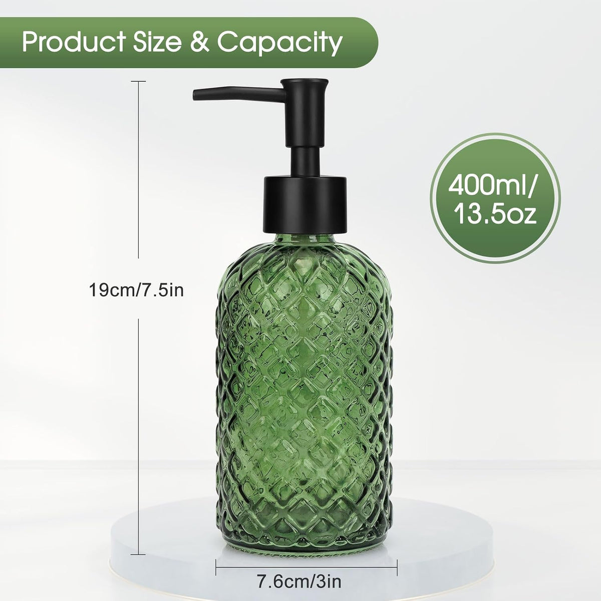 Topsky Gem Glass Soap Dispenser with Black Plastic Pump, 13oz Liquid Hand Soap Dispenser, Rustproof Pump for Kitchen & Bathroom, Great for Lotions, Essential Oil, Liquid Soaps-Army Green