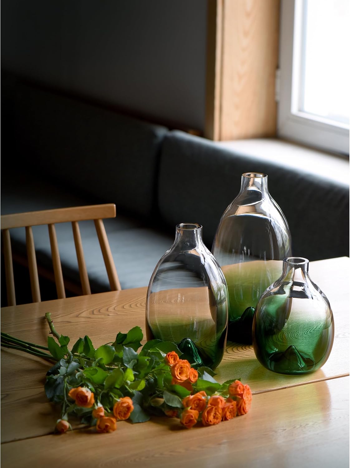 CONVIVA Modern Green Glass Flower Vase Set, 3 Sizes 11" 9" 7" Height