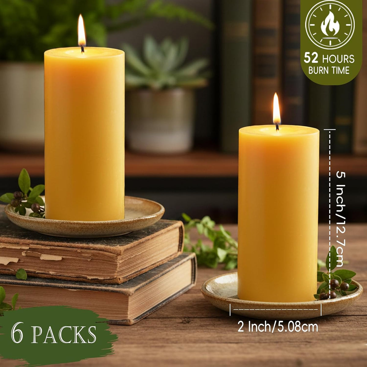 Beeswax Pillar Candles 6 Pack, 2x5 Inch Unscented Bee Wax